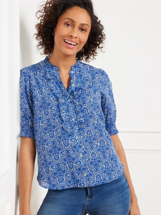 Talbots Tops - Talbots Ruffle Button Front Top Woodland Damask Blue Floral Small S